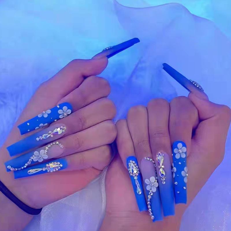 Длинное нажатие на ногти, глянцевые французские синие, полное покрытие, накладные ногти, цветы, балерина, набор для дизайна ногтей, сделай сам, искусственные акриловые накладные ногти, накладки на ногти для женщин, 24 шт.